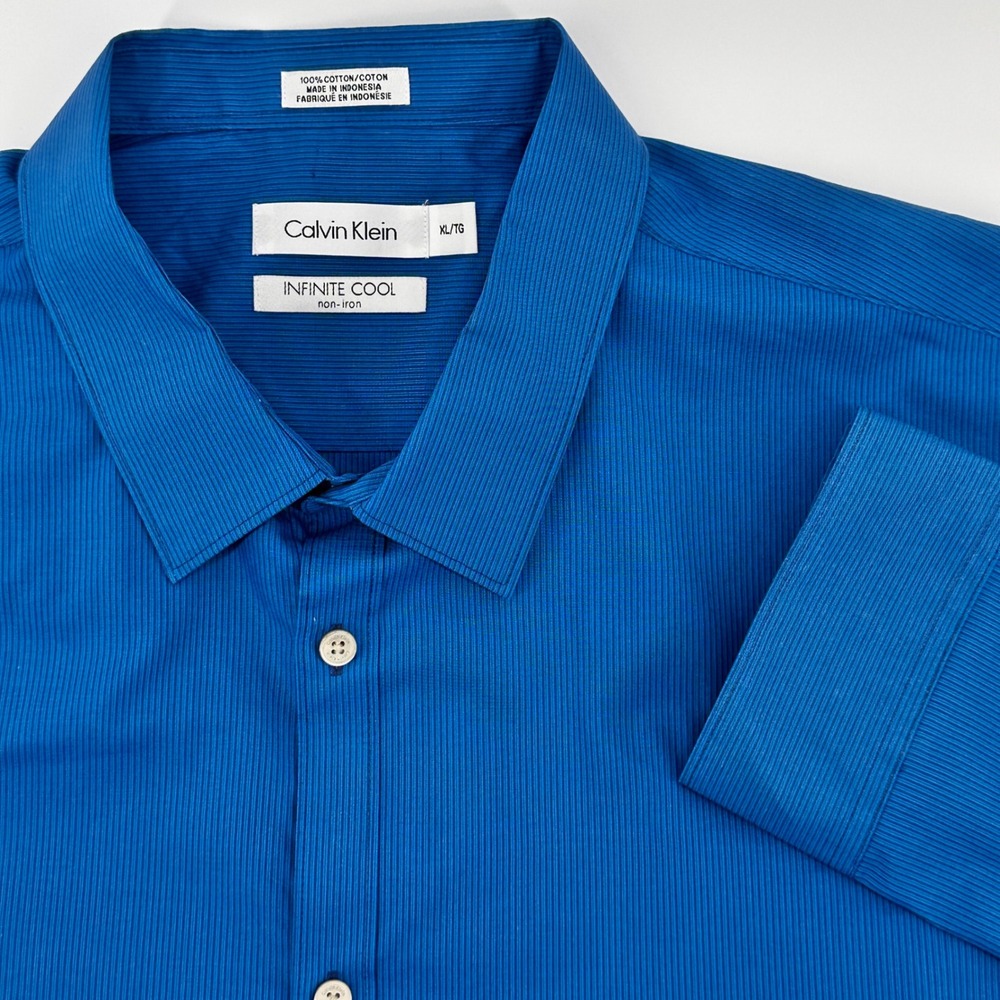 Calvin Klein Mens XL Shirt Infinite Cool Non Iron‎ Blue Pinstripe Cotton Blend